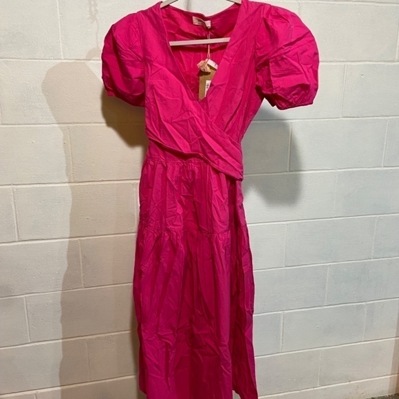 Soludos Women Palermo Dress MEDIUM Pink Raspberry Puff Sleeves Party Midi Cotton - Picture 2 of 7